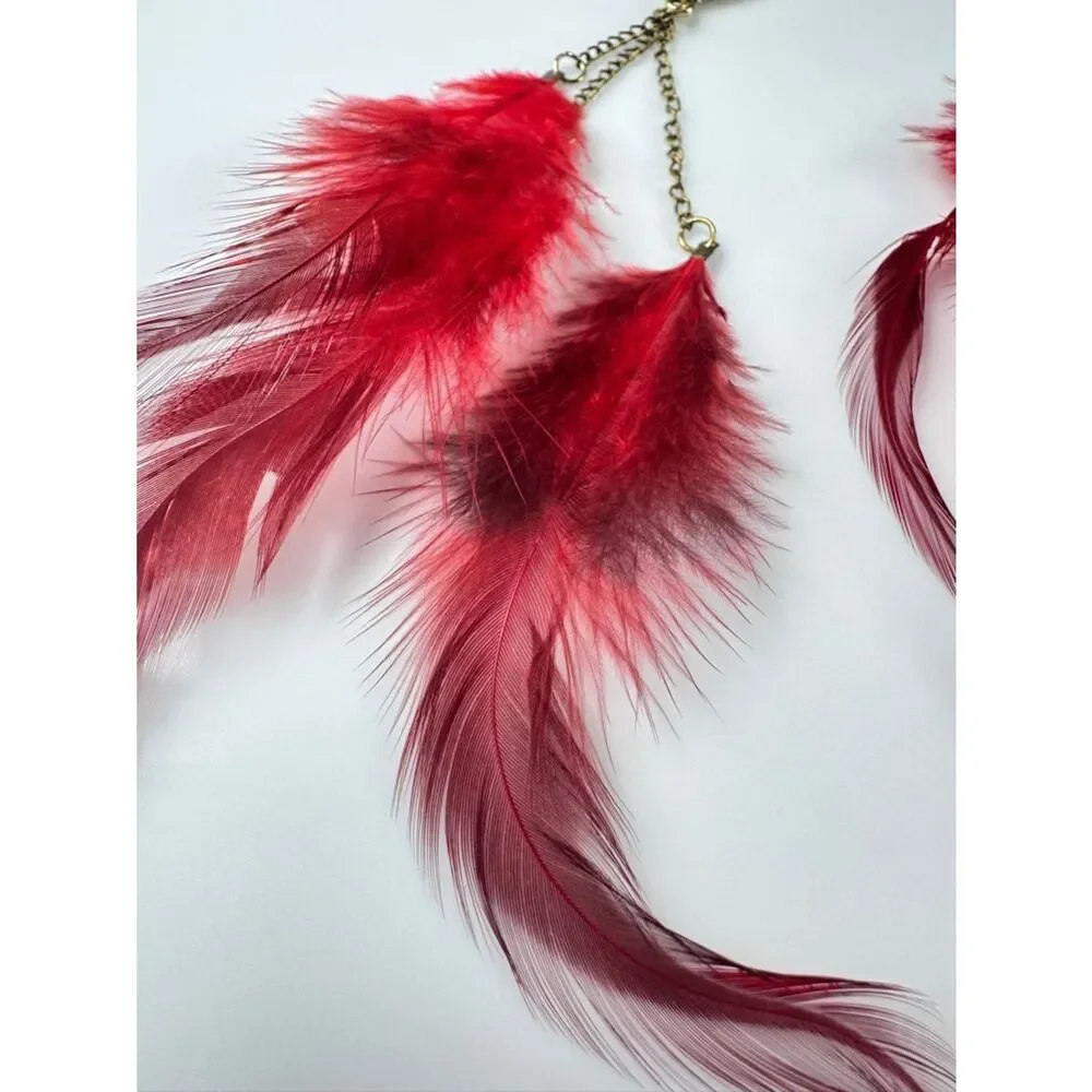 Red Feather Drop Earrings - Statement Feather Jewelry